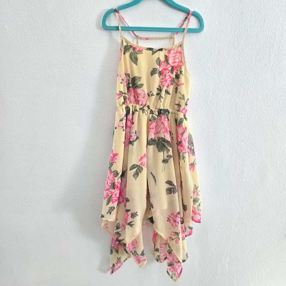The Childrens Place Girls Yellow Pink Floral‎ Chiffon Handkerchief Hem Dress 5/6